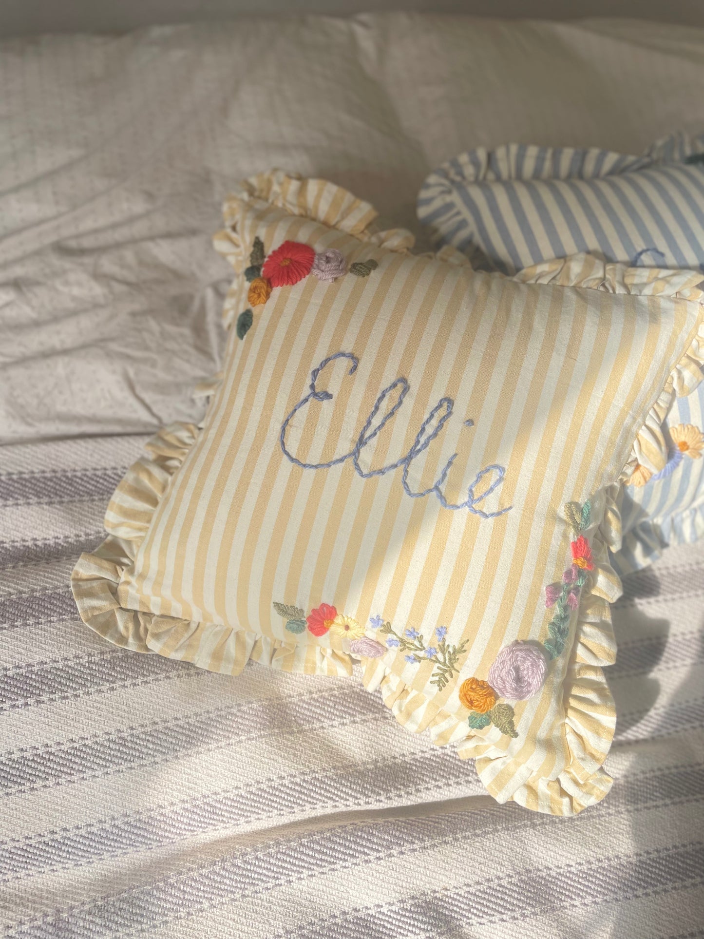 Lemon Stripe Hand Embroidered Pillow