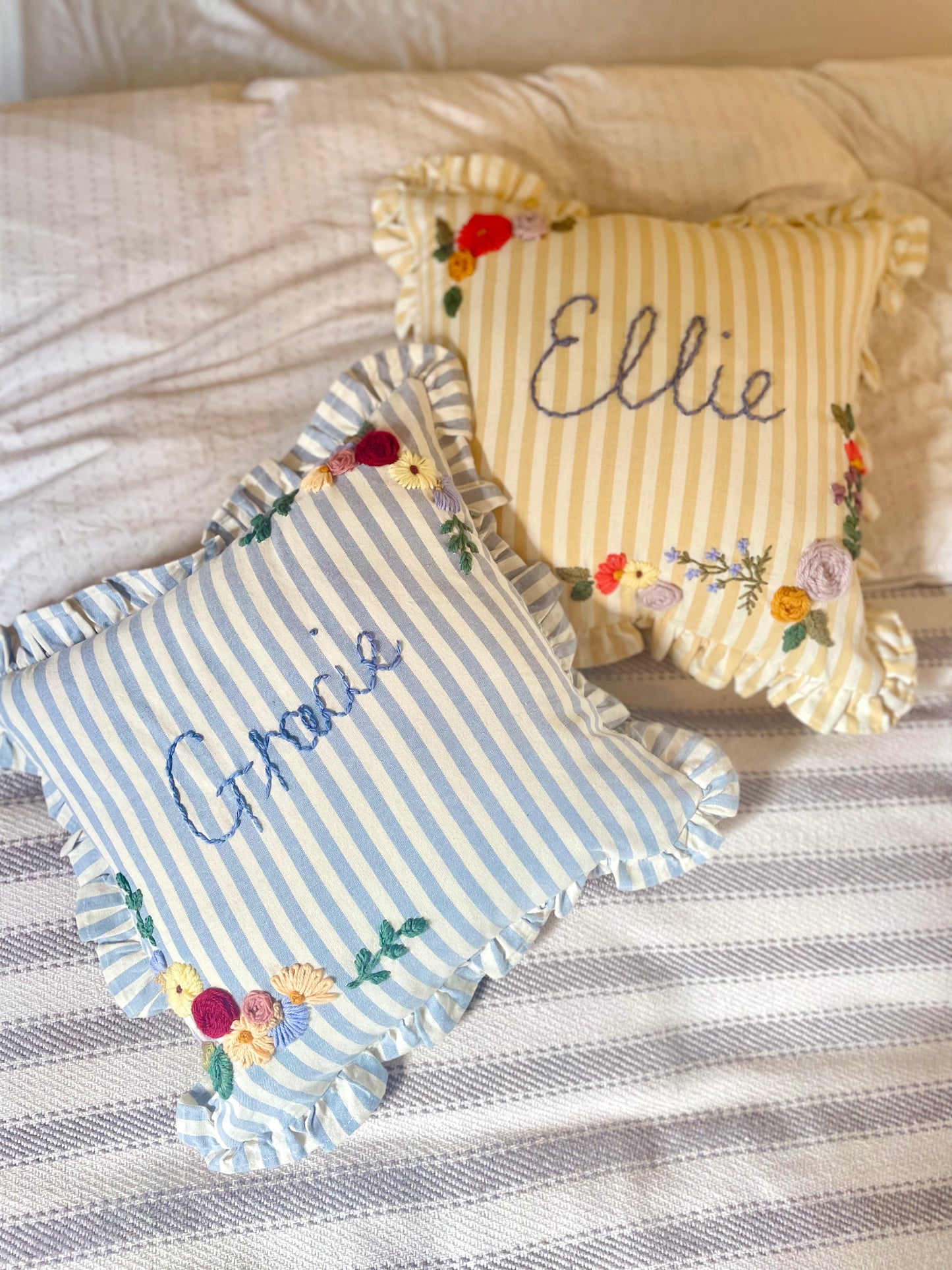 Lemon Stripe Hand Embroidered Pillow