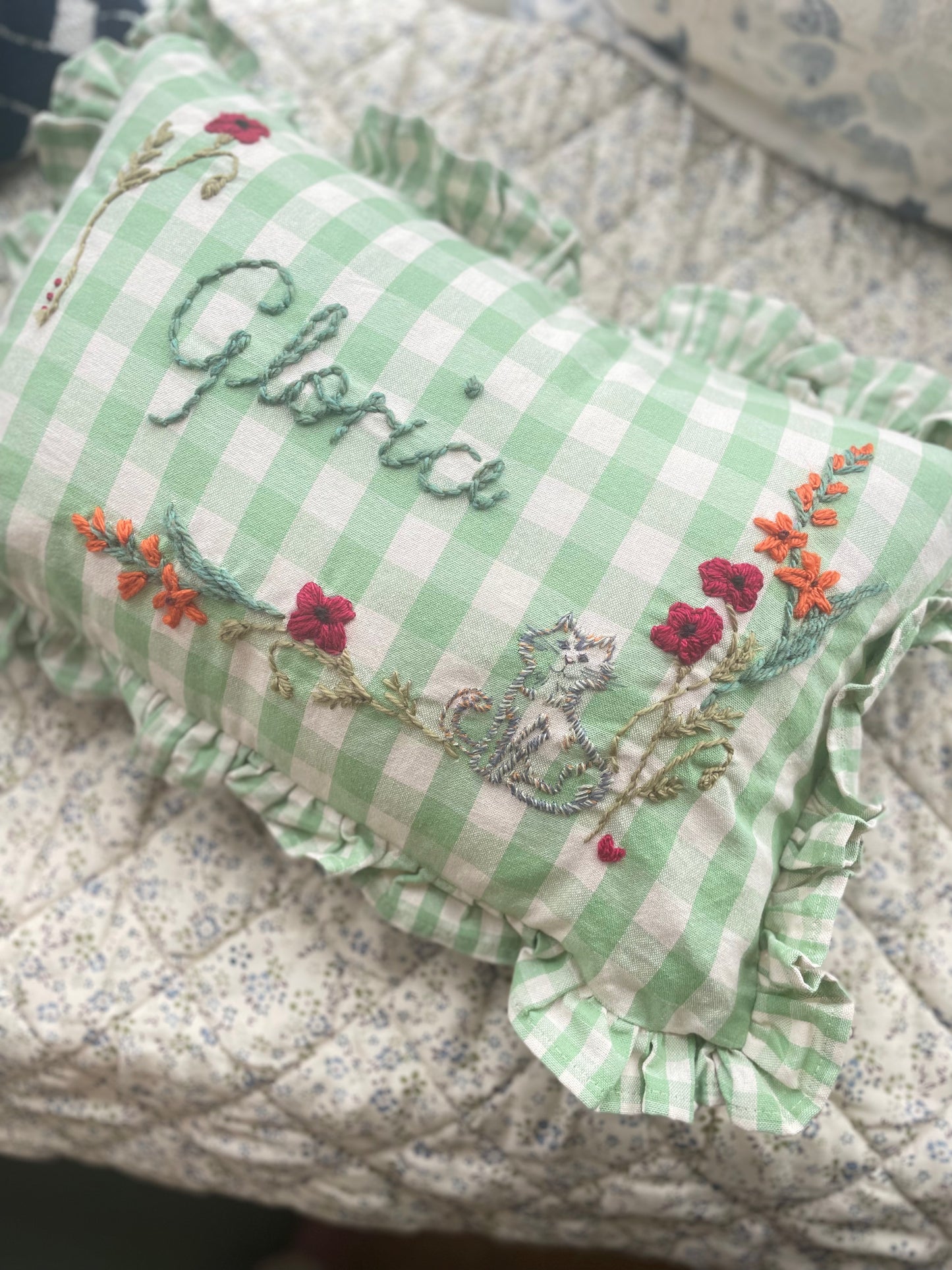 Green Gingham Hand Embroidered Cushion - Rectangular