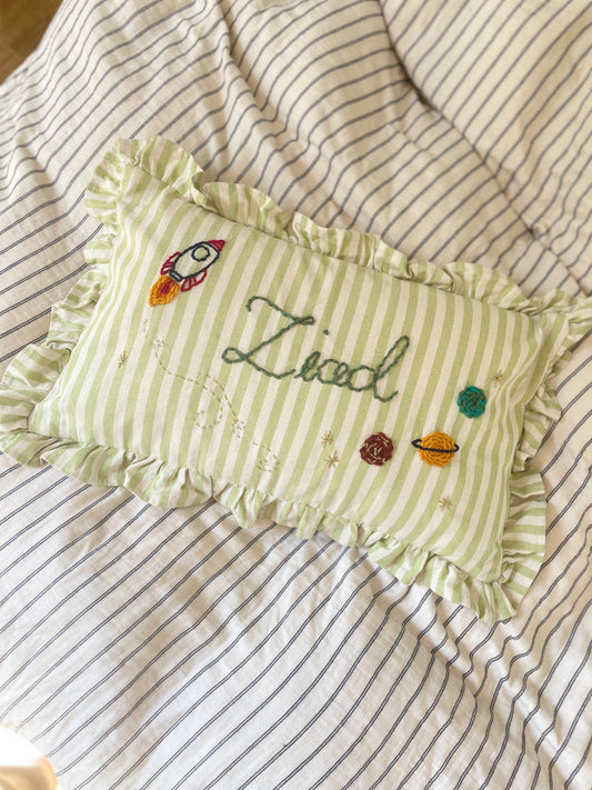 Green Stripe Hand Embroidered Cushion - Rectangular