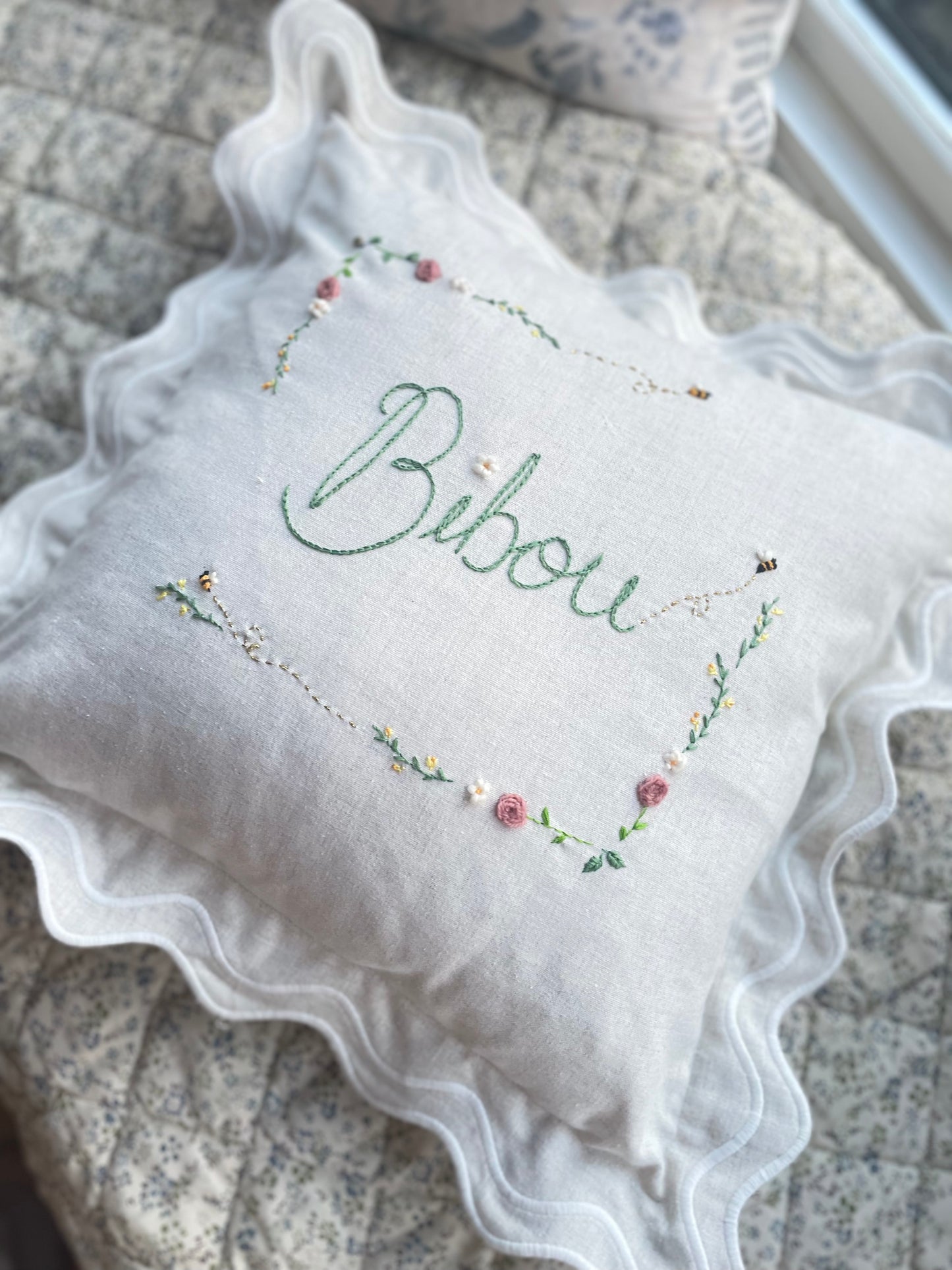 Cream Scallop Trim Bespoke Hand Embroidered Pillow
