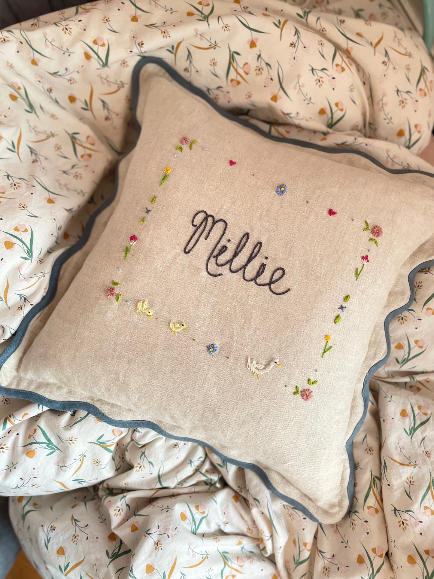 Bespoke Hand Embroidered Teal Trim Scalloped Edge Pillow