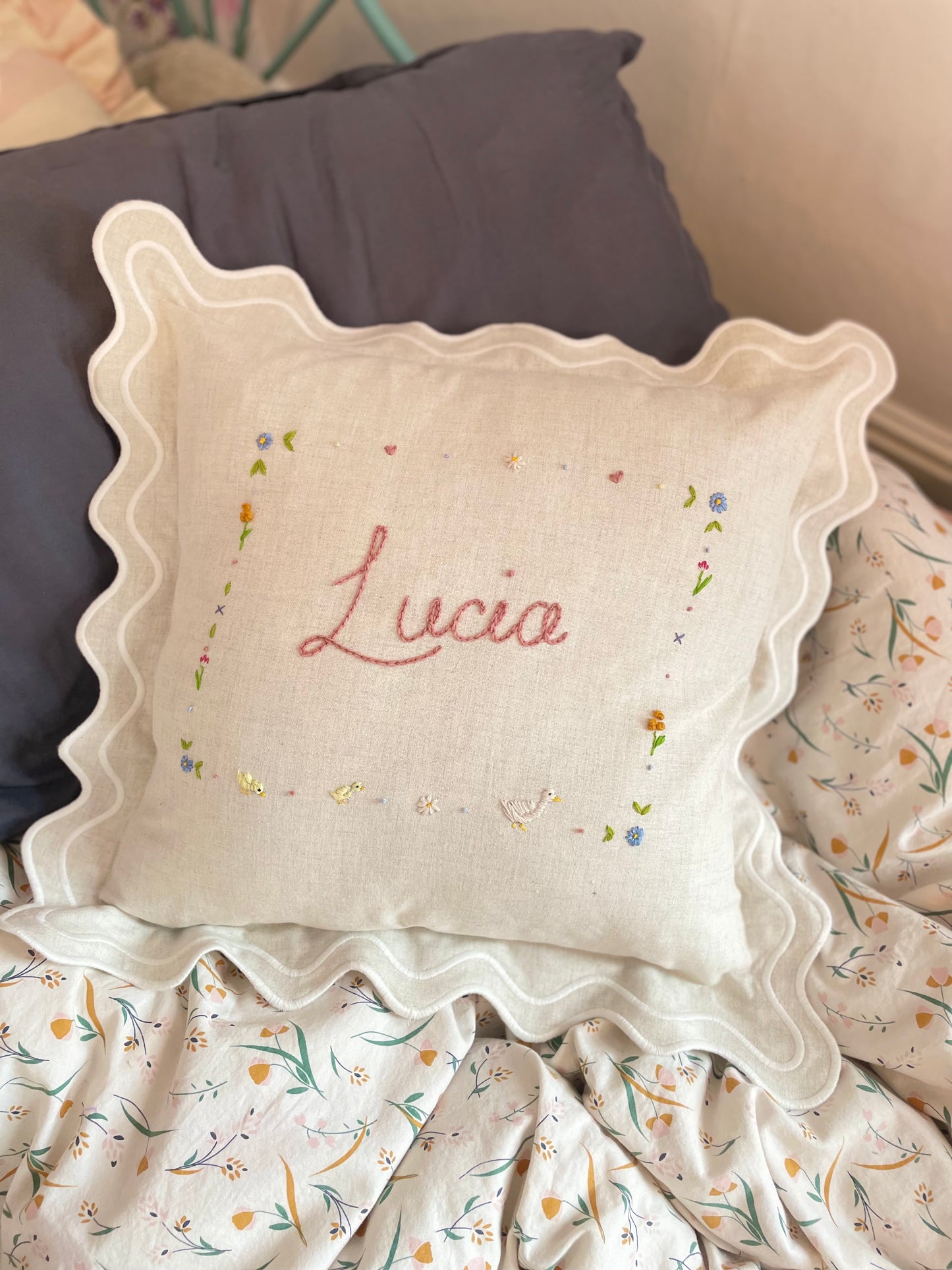 Cream Scallop Trim Bespoke Hand Embroidered Pillow