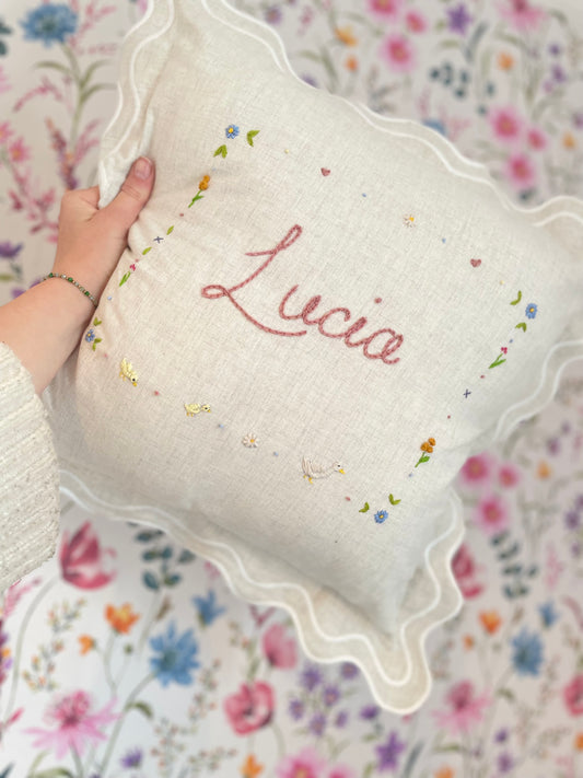 Cream Scallop Trim Bespoke Hand Embroidered Pillow