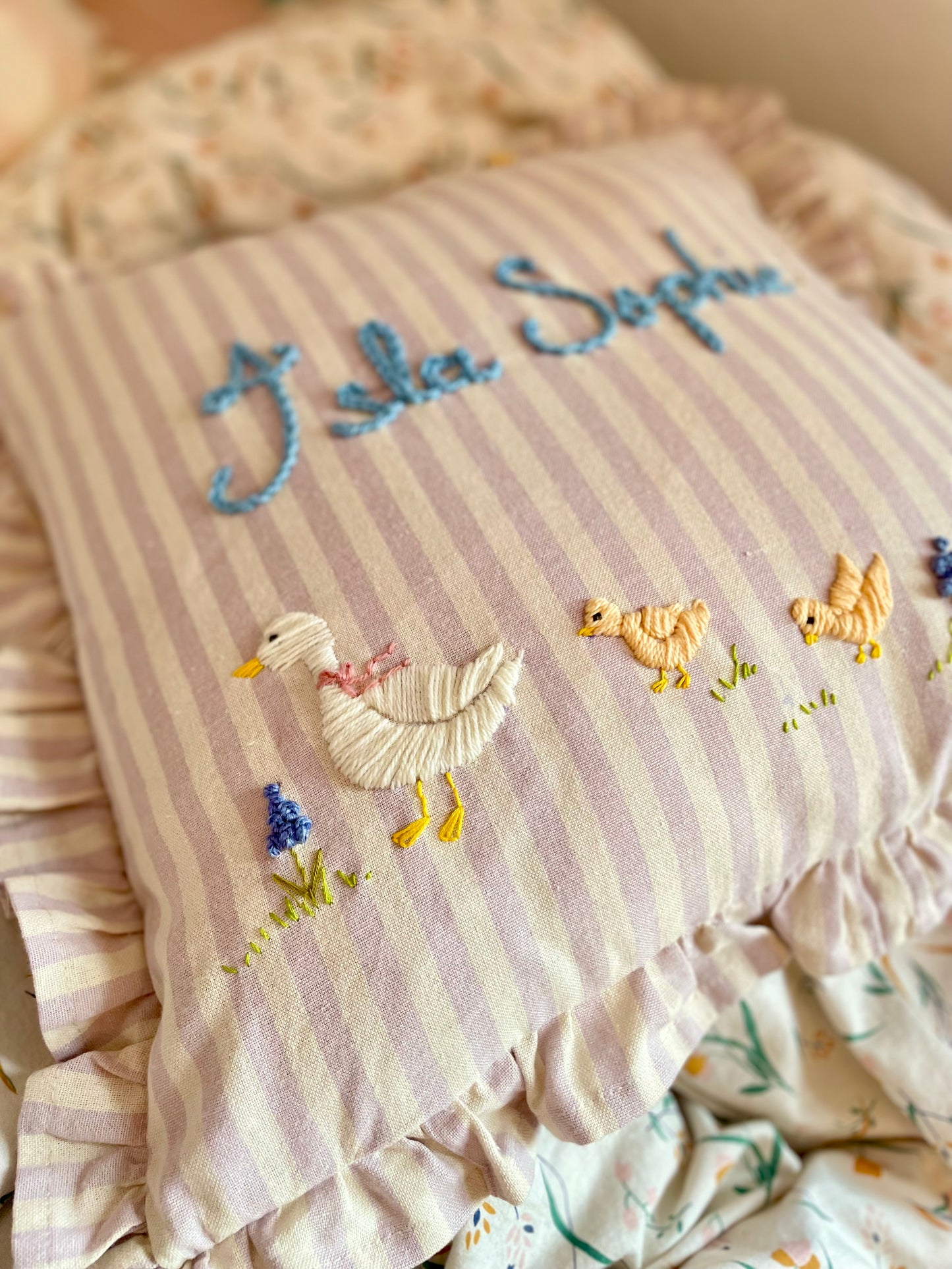 Lilac Stripe Hand Embroidered Pillow
