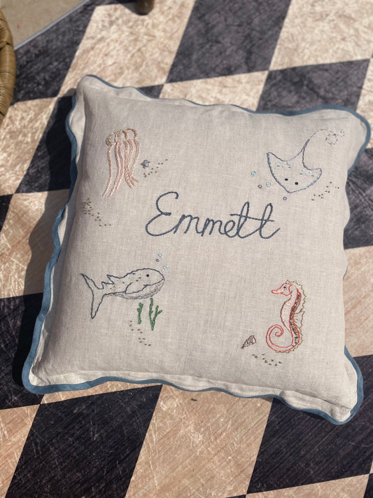 Bespoke Hand Embroidered Teal Trim Scalloped Edge Pillow