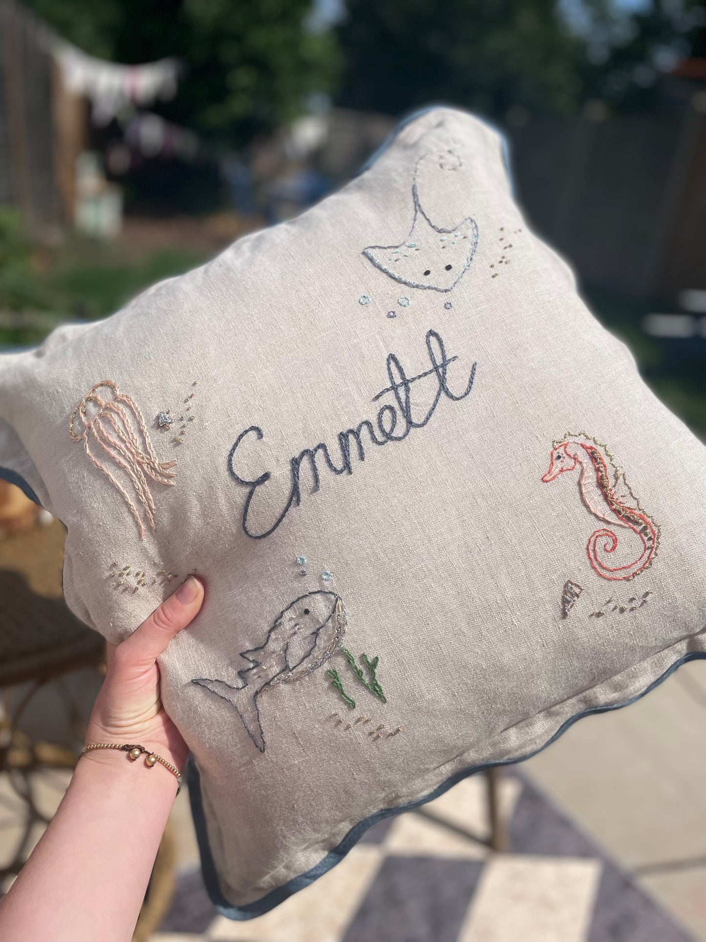Bespoke Hand Embroidered Teal Trim Scalloped Edge Pillow