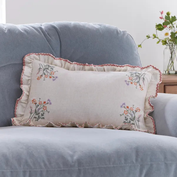 Floral Linen Embroidered Ruffle Trim Pillow