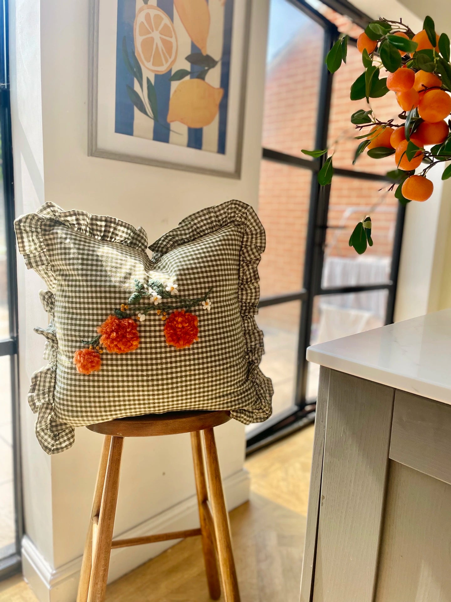 Pom Pom Oranges - Hand Embroiderd Green Gingham Cushion