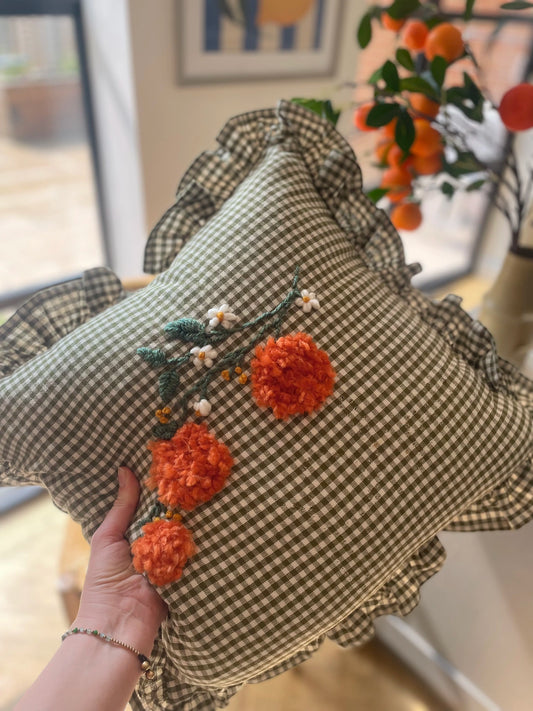Pom Pom Oranges - Hand Embroiderd Green Gingham Cushion