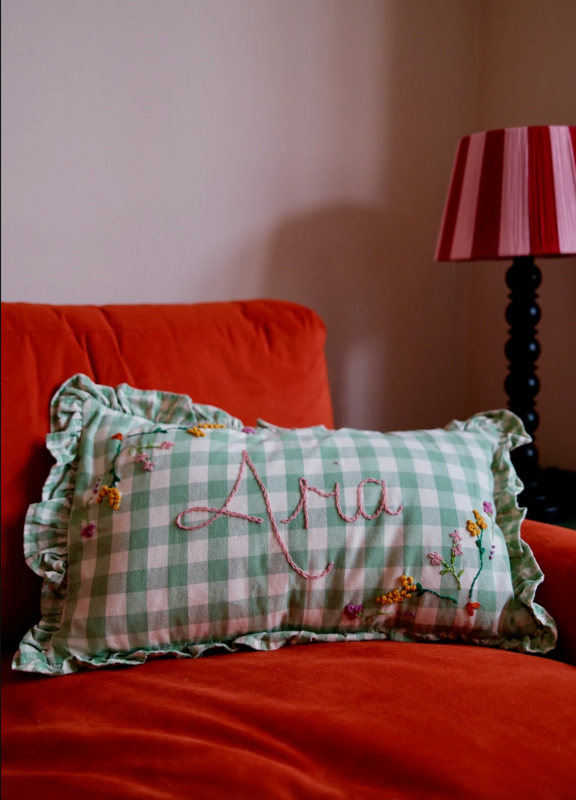 Green Gingham Hand Embroidered Cushion - Rectangular