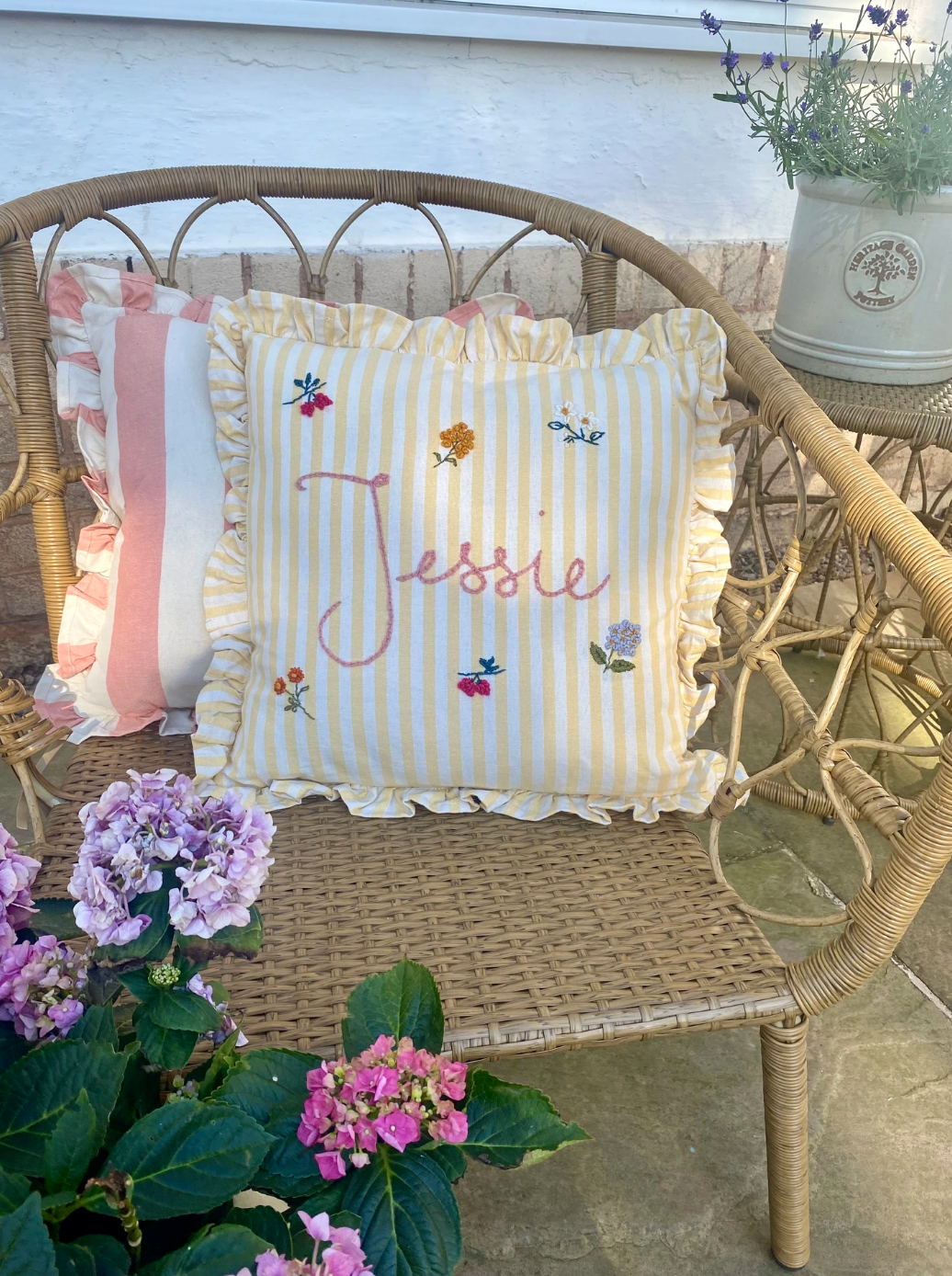 Lemon Stripe Hand Embroidered Pillow