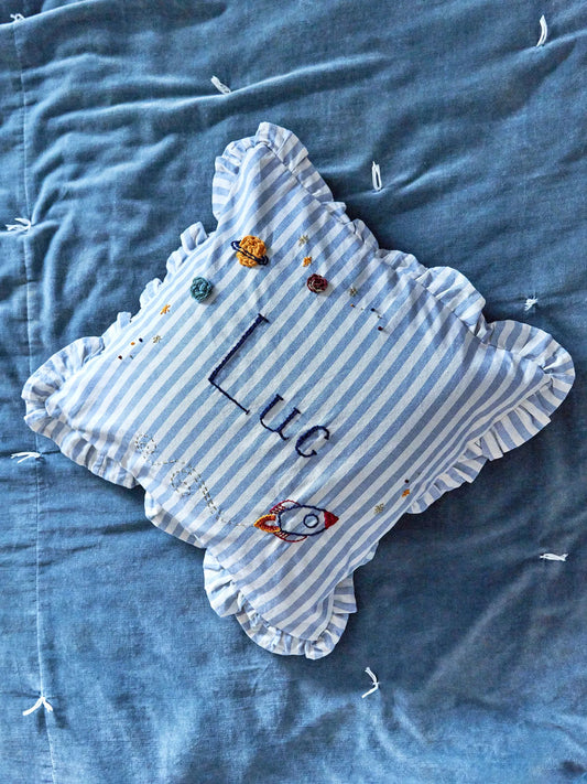 Space Theme Hand Embroidered Blue Stripe Cushion